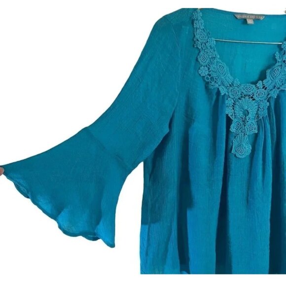 VALERIE STEVENS~ Women’s Teal Bell Sleeve Blouse Crochet Trim Size 1X - Picture 6 of 11